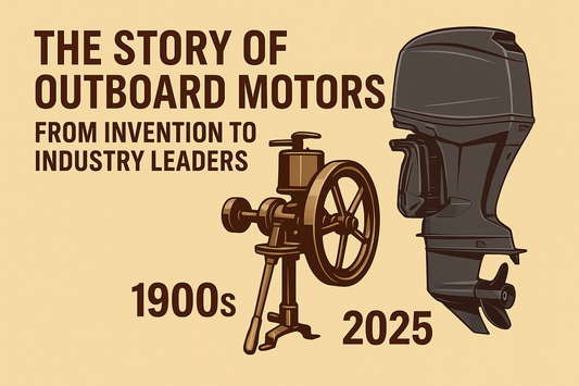Vintage vs Modern Outboard Motor – The Story of Outboard Motors from 1900s to 2025 – Features a side-by-side illustration of an early 1900s outboard engine and a sleek modern 2025 outboard design, symbolizing the evolution of marine engine technology.