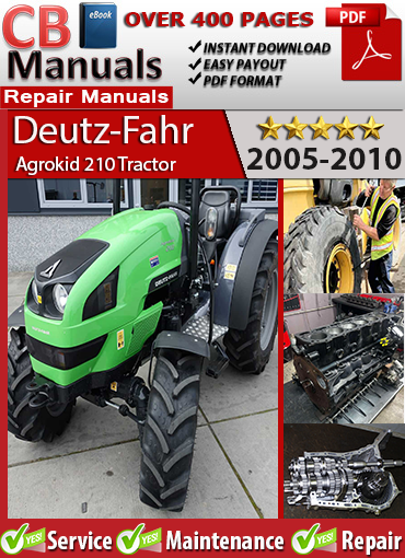 Deutz-Fahr Agrokid 210 Tractor 2005–2010 service repair manual PDF download – Includes engine overhaul, PTO diagrams, transmission service, hydraulic diagnostics, and full wiring schematics.