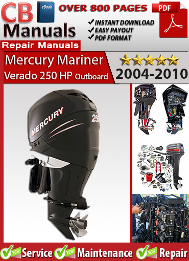 Mercury Verado 250 HP Outboard 2004–2010 service repair manual PDF download – Covers supercharged L6 engine, SmartCraft DTS, EFI system, gearcase, steering, and full wiring diagrams.