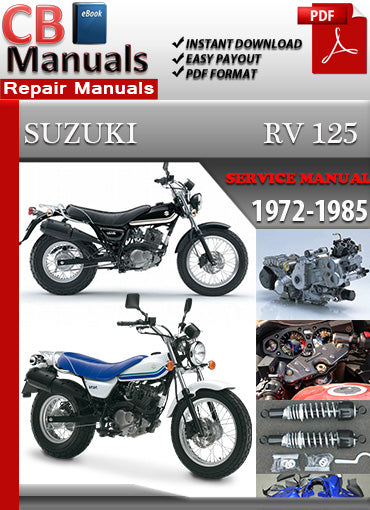 Suzuki RV 125 1972–1985 service repair manual PDF download – Includes detailed maintenance, wiring diagrams, and repair instructions for all models between 1972 and 1985.