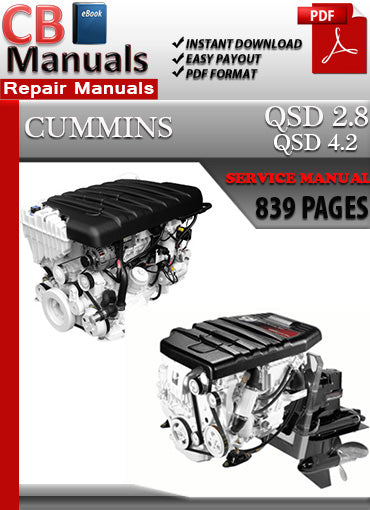 Cummins QSD 2.8 and QSD 4.2 diesel engine service repair manual PDF download – Covers 170 to 350 HP Sterndrive models with detailed procedures for engine systems, diagnostics, and maintenance.