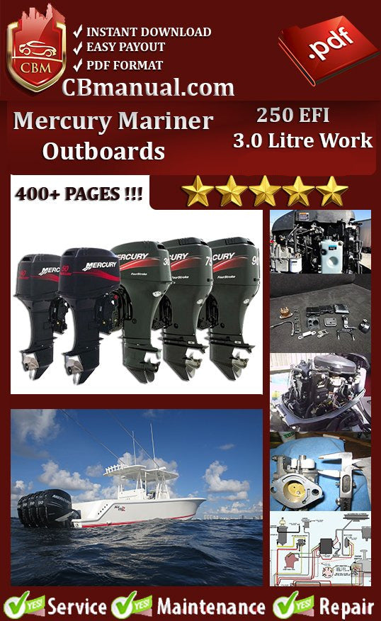 Mercury Mariner 250 EFI 3.0 Litre Work 2002–2007 service repair manual PDF download – Includes complete maintenance procedures, EFI fuel system diagnostics, wiring diagrams, ignition system service, and lower unit repair instructions.