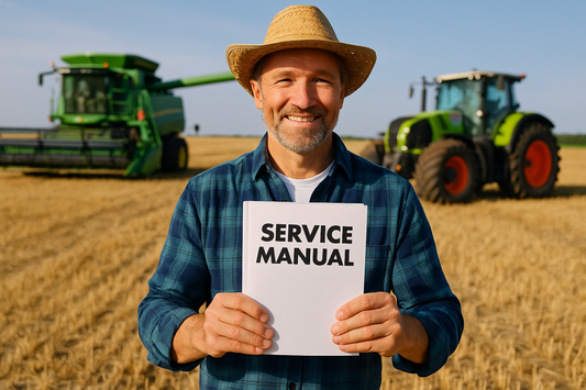 Service manual being held by a farmer in front of Case, Deutz-Fahr, and Fendt tractors and harvesters, illustrating the importance of having a service manual for proper maintenance and repairs of farm equipment.