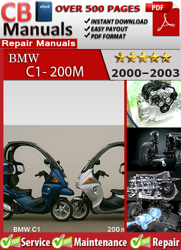 BMW C1 200 2000–2003 service repair manual PDF download – Covers engine, brakes, electrics, drive chain, radiator, lighting, and full diagnostics for BMW's urban scooter.