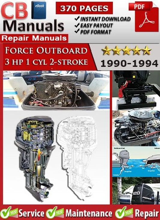 Repair manual cover for Force Outboard 3 HP 1 Cyl 2-Stroke engines from 1990-1994, featuring images of the engine and text about the manual's features.