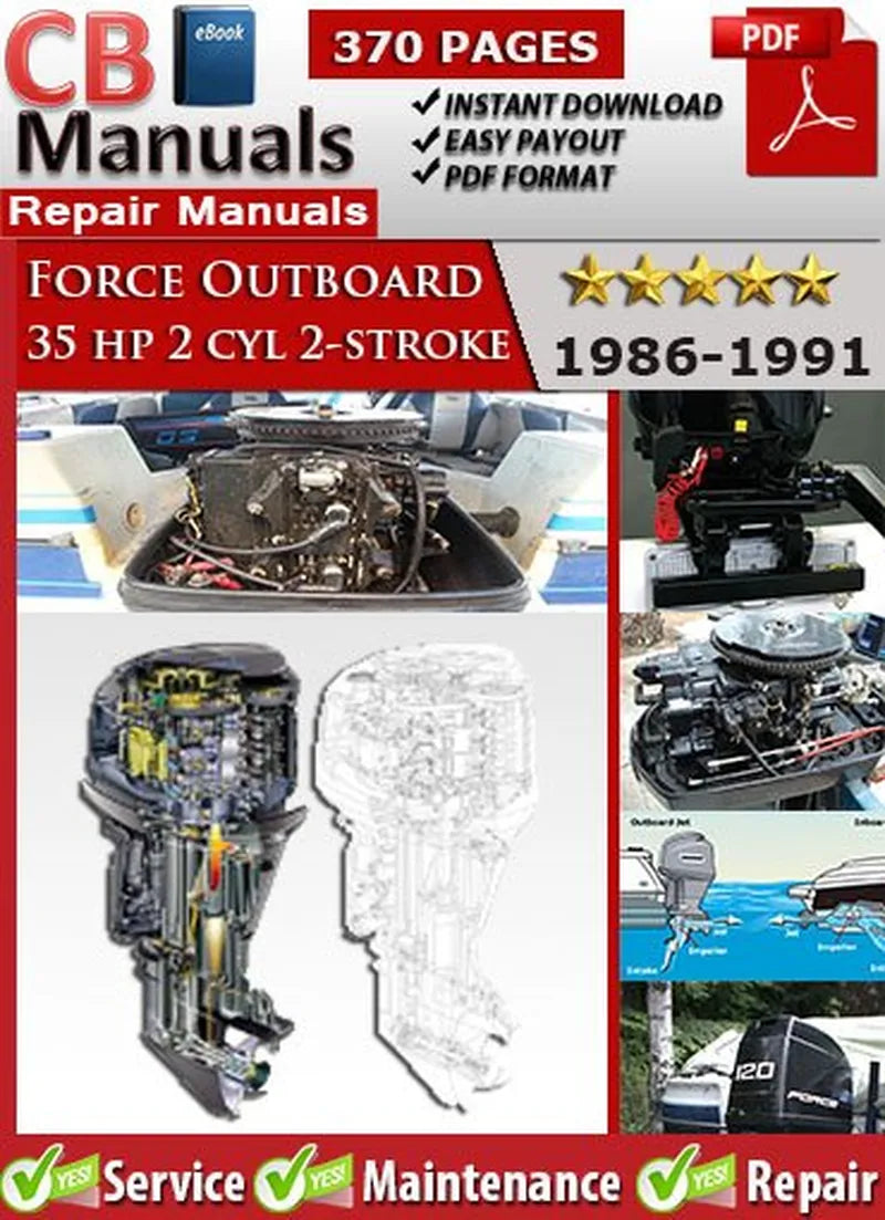 Cover of the Force Outboard 35 HP 2-Cylinder 2-Stroke 1986–1991 Service Repair Manual featuring an image of the outboard motor and related diagrams.