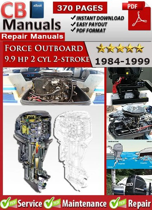 The image shows the cover and select pages of a Force Outboard service repair manual, highlighting the engine and its components.