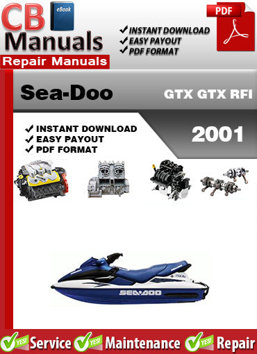 Sea-Doo GTX GTX RFI 2001 service repair manual PDF download – Covers RFI fuel system, engine, wiring diagrams, cooling, jet pump, electrical, and full factory diagnostics.