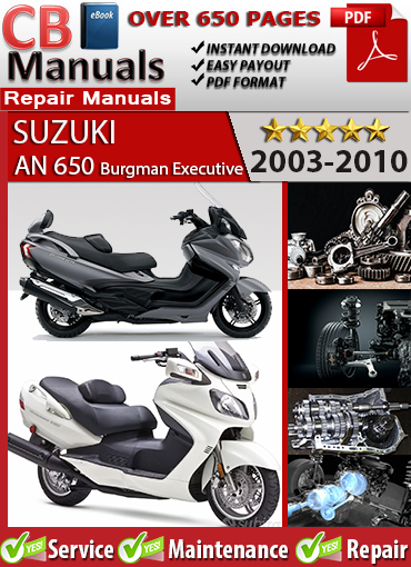 Suzuki AN 650 Burgman Executive 2003–2010 service repair manual PDF download – Covers 638cc EFI twin-cylinder engine, CVT transmission, ABS brakes, and electrical system.