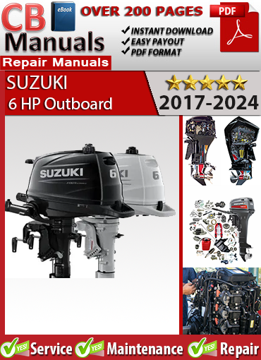 Suzuki 6 HP Outboard 2017–2024 service repair manual PDF download – Includes DF6A engine specs, wiring diagrams, carburetor repair, cooling, and lower unit service.