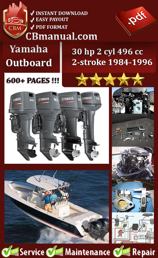 Yamaha Outboard 30 hp 1984–1996 service repair manual PDF download – Includes 2-stroke engine diagnostics, 2-cylinder 496cc maintenance, fuel system service, and wiring diagrams.