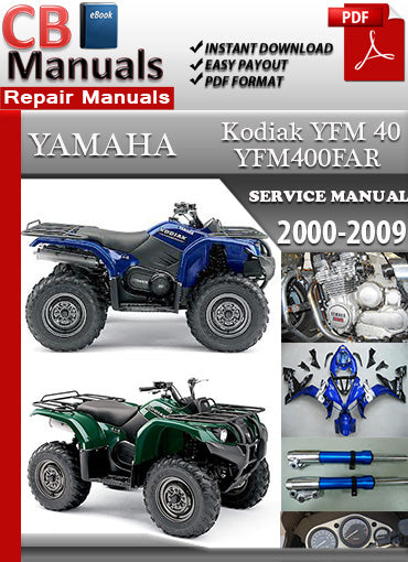Yamaha YFM 40 Kodiak 2000, 2001, 2002, 2003, 2004, 2005, 2006, 2007, 2008, 2009 service repair manual PDF download – Includes detailed maintenance, wiring diagrams, and repair instructions for all models between 2000 and 2009.